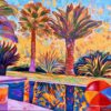Peinture figurative, rêve de vacances dans la piscine, rouge bleu et jaune, acrylique sur toile, par Meryl