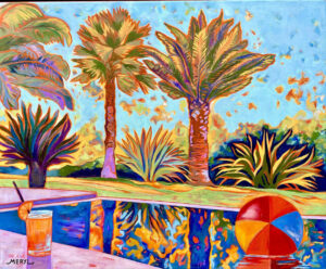 Peinture figurative, rêve de vacances dans la piscine, rouge bleu et jaune, acrylique sur toile, par Meryl