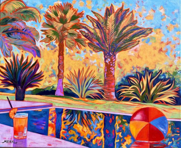Peinture figurative, rêve de vacances dans la piscine, rouge bleu et jaune, acrylique sur toile, par Meryl