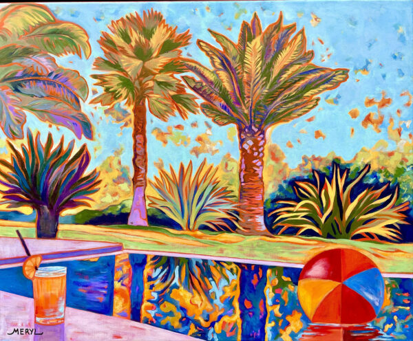 Eden méditerranéen Peinture figurative, rêve de vacances dans la piscine, rouge bleu et jaune, acrylique sur toile, par Meryl