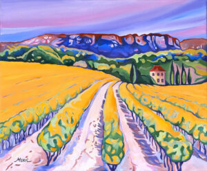 Peinture des vignes de Cassis à l'automne, jaun et parme, tableau à l'huile par Meryl artiste peintre