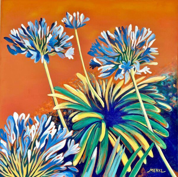 Peinture figurative acrylique - bouquet d'agapanthes bleues au jardin - orange, bleu - par Meryl artiste peintre