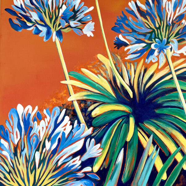 peinture - Détail feuillages d'agapanthes au jardin