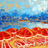 Peinture figurative, plage de Saint Clair, rouge, bleu et jaune, acrylique sur toile, par Meryl