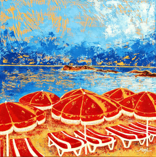 Peinture figurative, plage de Saint Clair, rouge, bleu et jaune, acrylique sur toile, par Meryl