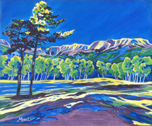 Peinture figurative, massif sainte Baume, bleu et vert, huile sur toile, par Meryl Artiste Peintre
