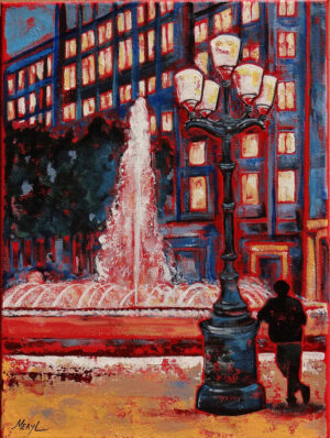 Barcelone by night Peinture figurative, Barcelone, rouge et bleu sombre, acrylique sur toile, par Meryl Artiste Peintre