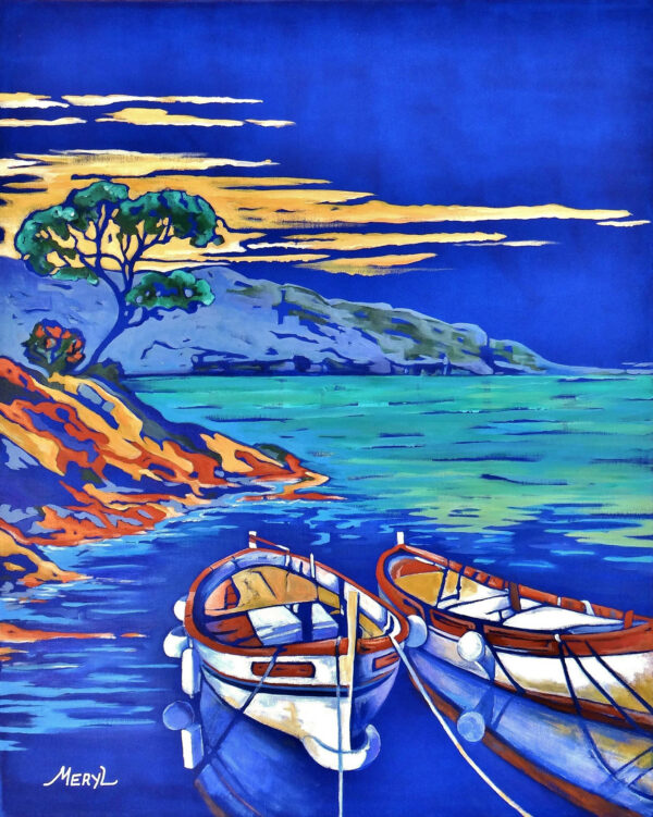 Barques de pêcheurs sur la Côte bleue près de Marseille, acrylique sur toile par Meryl artiste peintre