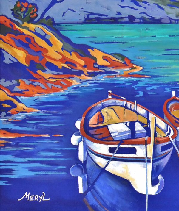 barques de pêcheurs sur la côte bleue, acrylique figurative par Meryl