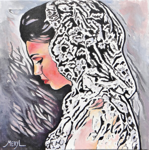Peinture figurative, Blandine, blanc et gris, portrait, acrylique sur toile, par Meryl Artiste peintre