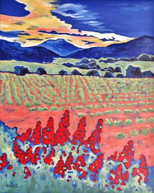 Tableau contemporain Fleurs de valériane sur le chemin face aux vignes de Bandol, par Meryl artiste peintre