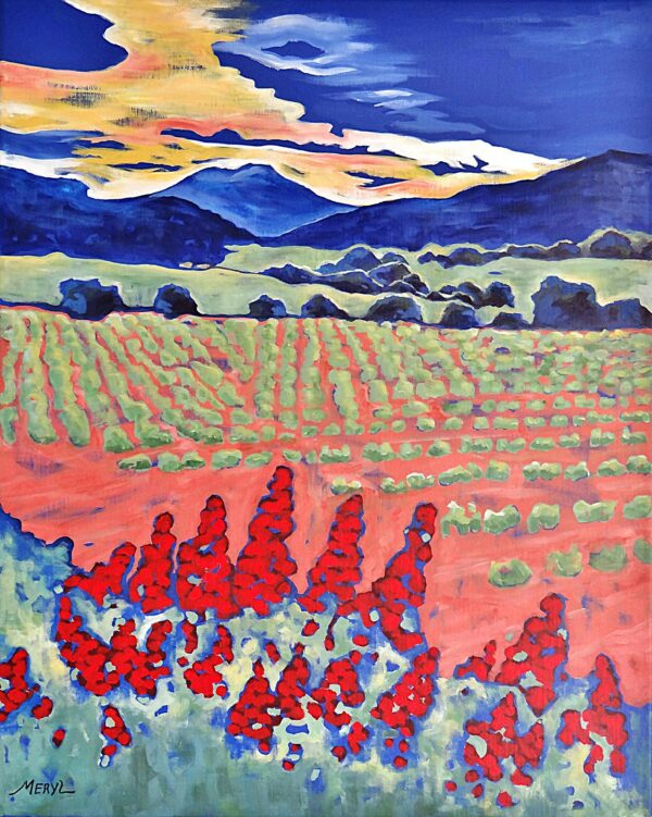 Tableau contemporain Fleurs de valériane sur le chemin face aux vignes de Bandol, par Meryl artiste peintre