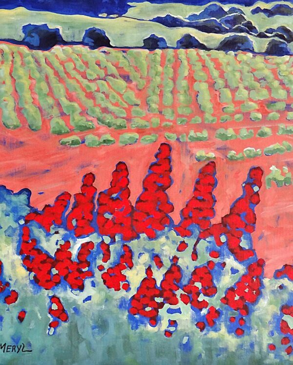 détail d'un tableau, fleurs de valériane devant le vignoble de bandol