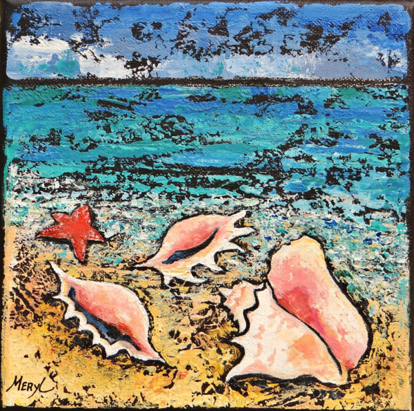 Tableau à l'acrylique figuratif, coquillages sur la plage, par Meryl artiste peintre
