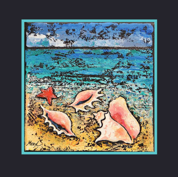 Tableau encadré, acrylique figurative, coquillages sur la plage, par Meryl