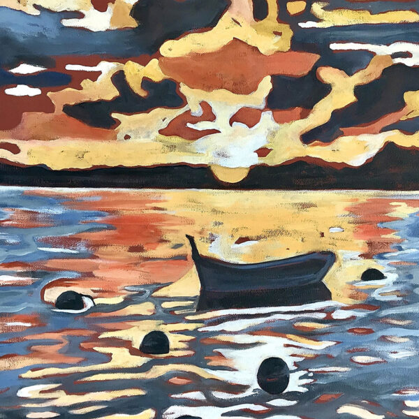 détail du tableau barque au coucher du soleil au Brusc, peinture figurative de Meryl artiste peintre