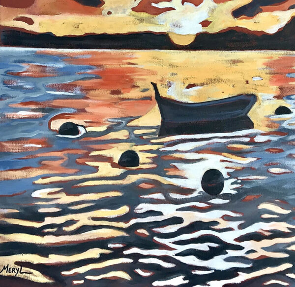 Détail de la toile barque au coucher du soleil au Brusc, peinture figurative de Meryl artiste peintre