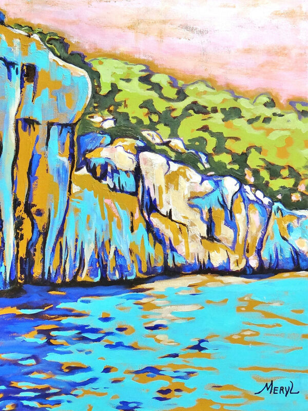 Dans les calanques de Cassis, gros plan sur les falaises, peinture moderne de Meryl