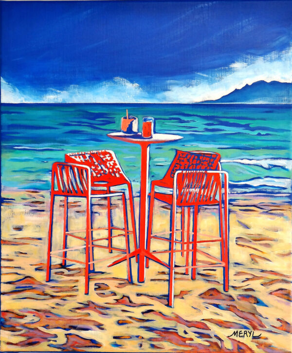 Peinture figurative, cocktail en bord de mer, huile sur toile, par Meryl Artiste Peintre