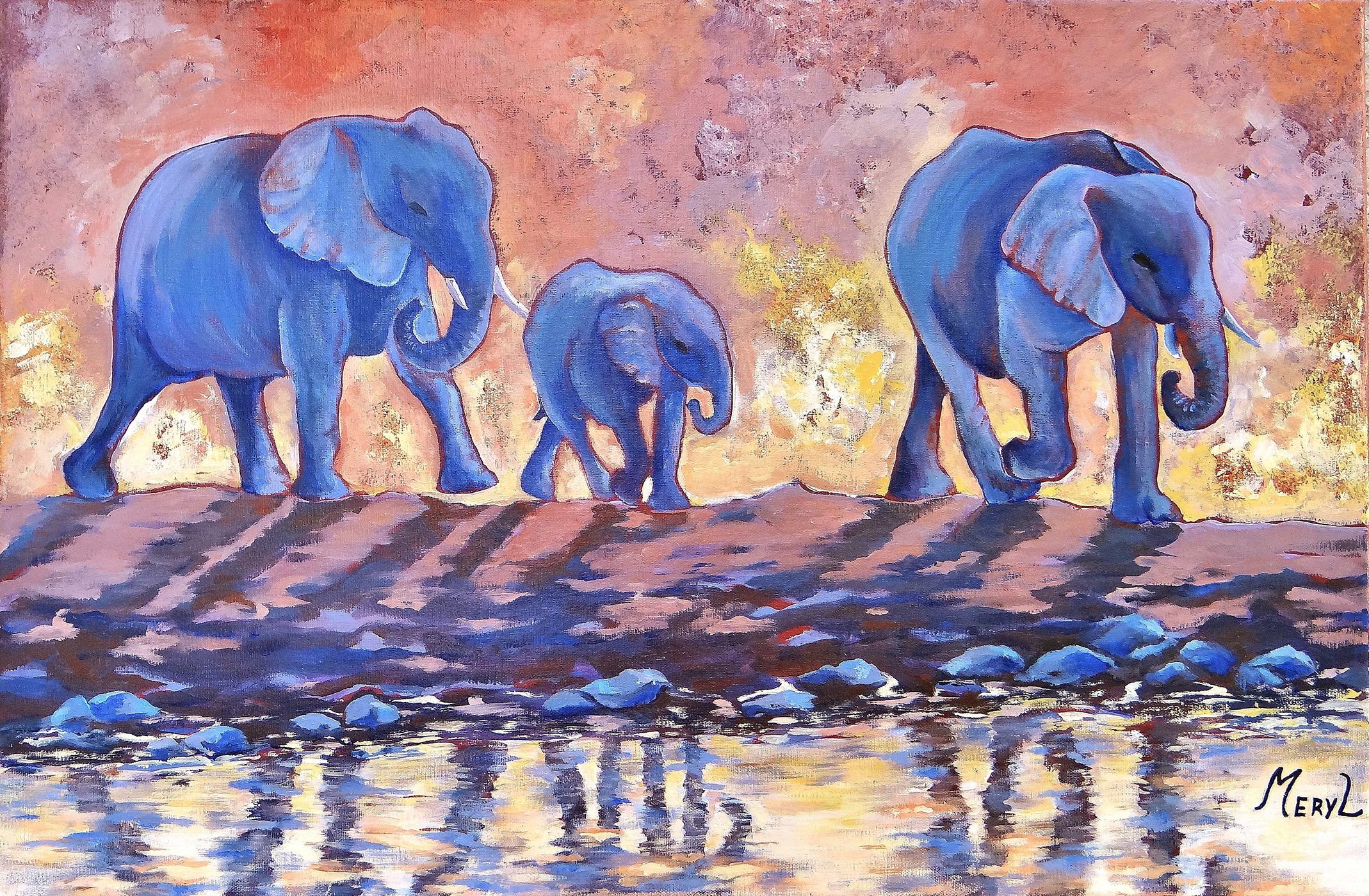 Eléphants en famille Carnet de voyage Eléphants en famille, tableau Afrique, peinture acrylique par meryl artiste peintre