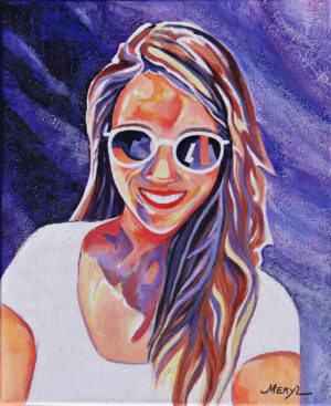 Emma Peinture figurative, Emma, violet et marron, portrait, acrylique sur toile, par Meryl Artiste peintre