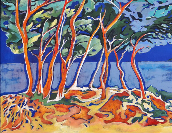 pins face à la Méditerranée, peinture figurative par Meryl