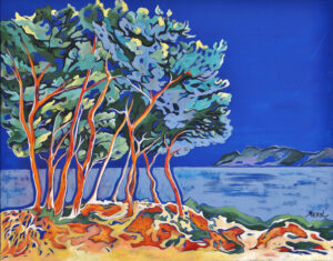 Entre pinède et mer Pins en bord de mer méditerranée, acrylique sur toile par Meryll artiste peintre