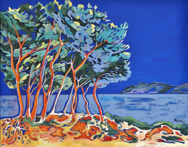 Pins en bord de mer méditerranée, acrylique sur toile par Meryll artiste peintre