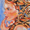 Peinture figurative Eva, portrait, bleu et orangé, acrylique sur toile, par Meryl Artiste Peintre