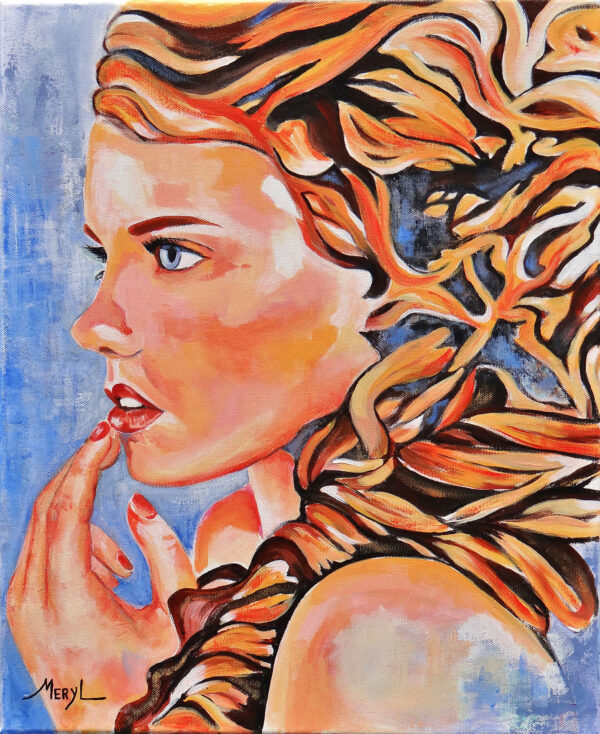 Peinture figurative Eva, portrait, bleu et orangé, acrylique sur toile, par Meryl Artiste Peintre