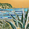 Peinture d'une plage, à Fabrégas dans le Var, vert, ocre, turquoise, agave, acrylique de Meryl artiste peintre
