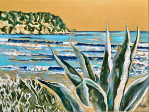 Peinture d'une plage, à Fabrégas dans le Var, vert, ocre, turquoise, agave, acrylique de Meryl artiste peintre