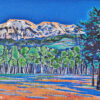 Peinture figurative, montagne sainte victoire, bleu et vert, huile sur toile, par Meryl Artiste Peintre