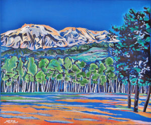 Peinture figurative, montagne sainte victoire, bleu et vert, huile sur toile, par Meryl Artiste Peintre