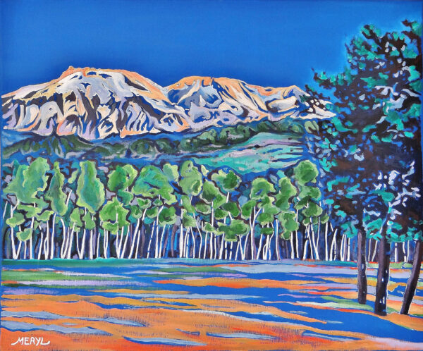 Peinture figurative, montagne sainte victoire, bleu et vert, huile sur toile, par Meryl Artiste Peintre