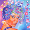 Tableau du portrait de Fanny, fleurs sorties de la tête comme de la musique, réalisé par Meryl artiste peintre