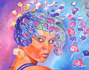 Fanny Tableau du portrait de Fanny, fleurs sorties de la tête comme de la musique, réalisé par Meryl artiste peintre