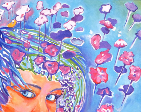 Portrait de fanny, la tête pleine de fleurs comme des notes de musique, peinture par Meryl