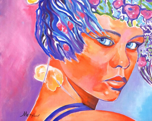 Détail visage de Fanny, la tête emplie de fleurs, comme une partition de musique, tableau par Meryl