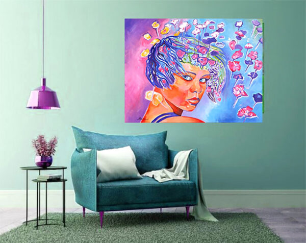 Tableau mis en situation du portrait de Fanny, fleurs comme de la musique, réalisé par Meryl