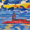 Phare de Sanary sur mer, peinture figurative, bleu, corail, jaune, acrylique, par meryl