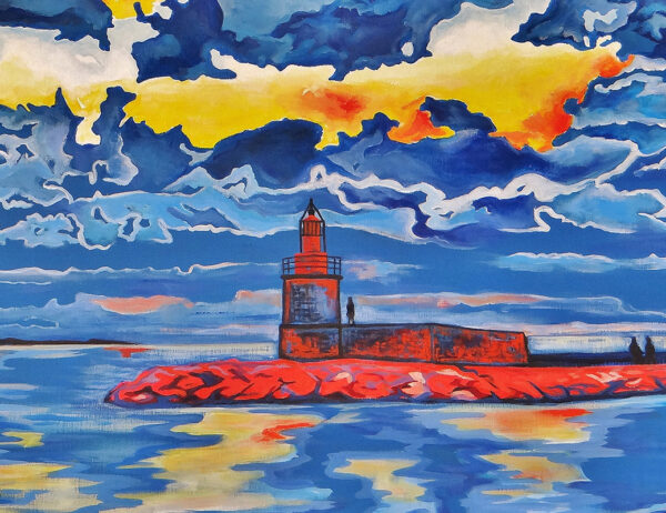 Phare de Sanary sur mer, peinture figurative, bleu, corail, jaune, acrylique, par meryl