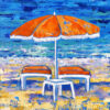 Tableau parasol et chaises longues sur la plage, par Meryl artiste peintre