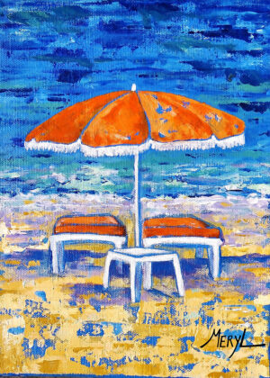Tableau parasol et chaises longues sur la plage, par Meryl artiste peintre