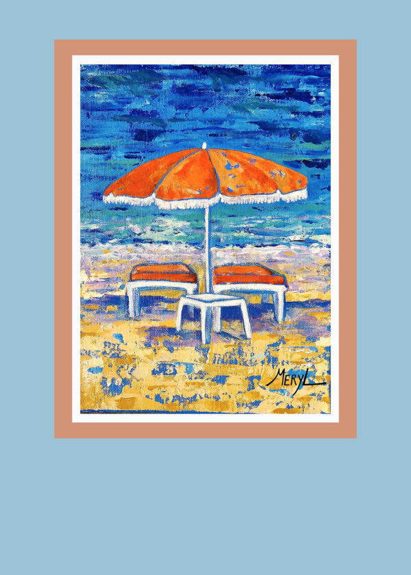 Tableau parasol et chaises longues sur la plage, par Meryl artiste peintre