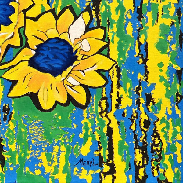 Détail d'un tableau tournesols dans un environnement semi abstrait - jaune et bleu