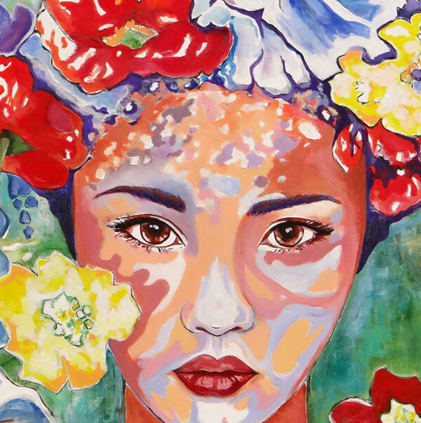 Détail du visage de Flora dans les fleurs multicolores, tableau figuratif, par Meryl