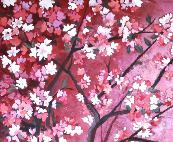 Tableau acrylique figurative, floraison des sakura au Japon, détail