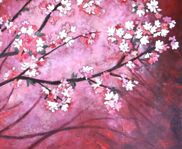 Peinture figurative, floraison des sakura au Japon, détail, tableau par Meryl