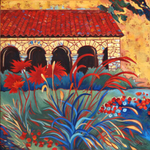 Havre de paix Tableau figuratif, acrylique sur toile, cloître à Albi avec jardin, par Meryl